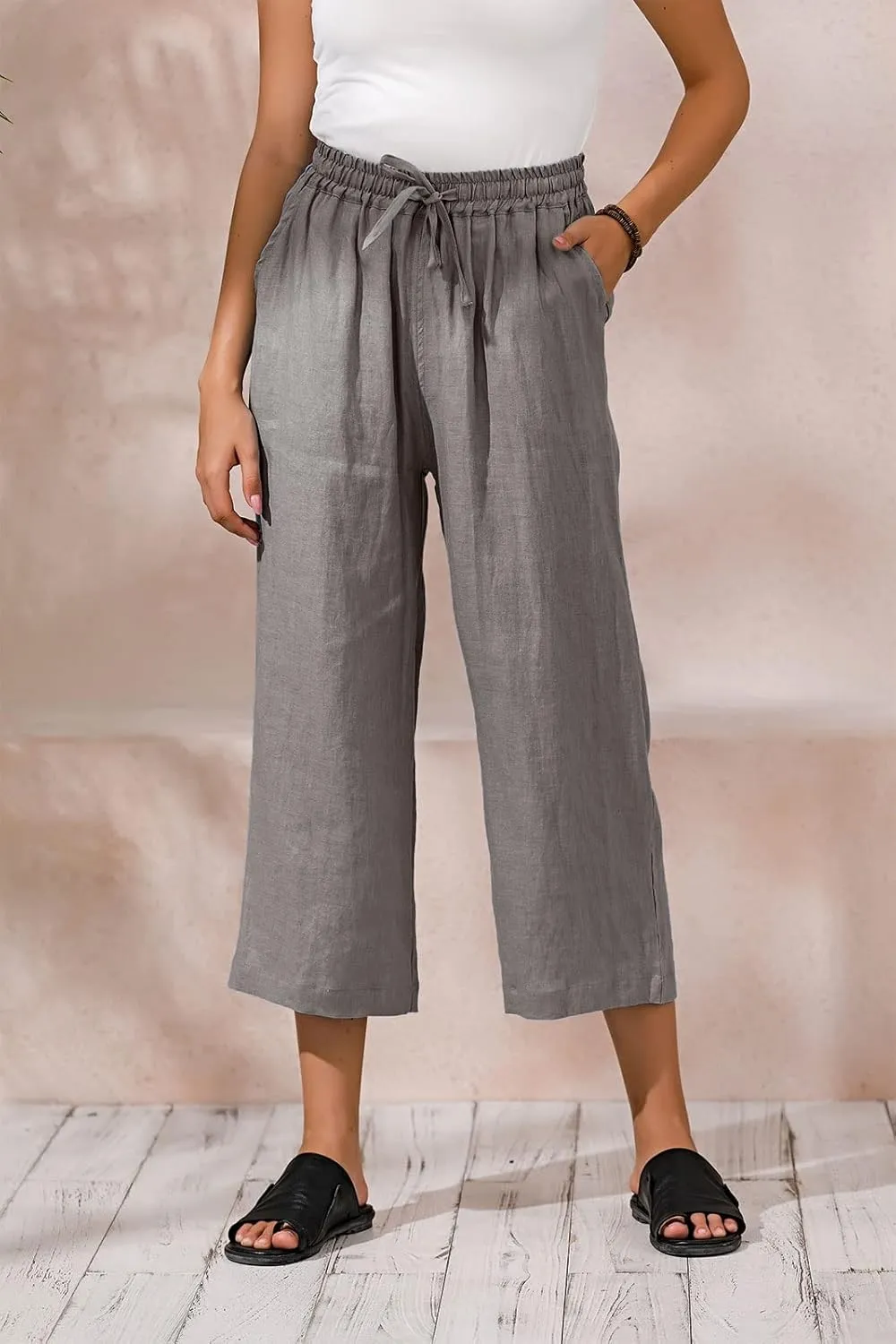 ECUPPER Womens Linen Cropped Pants Loose Casual Capri Cotton Wide Leg Plus Size Elastic Waist with Drawstring Trouses