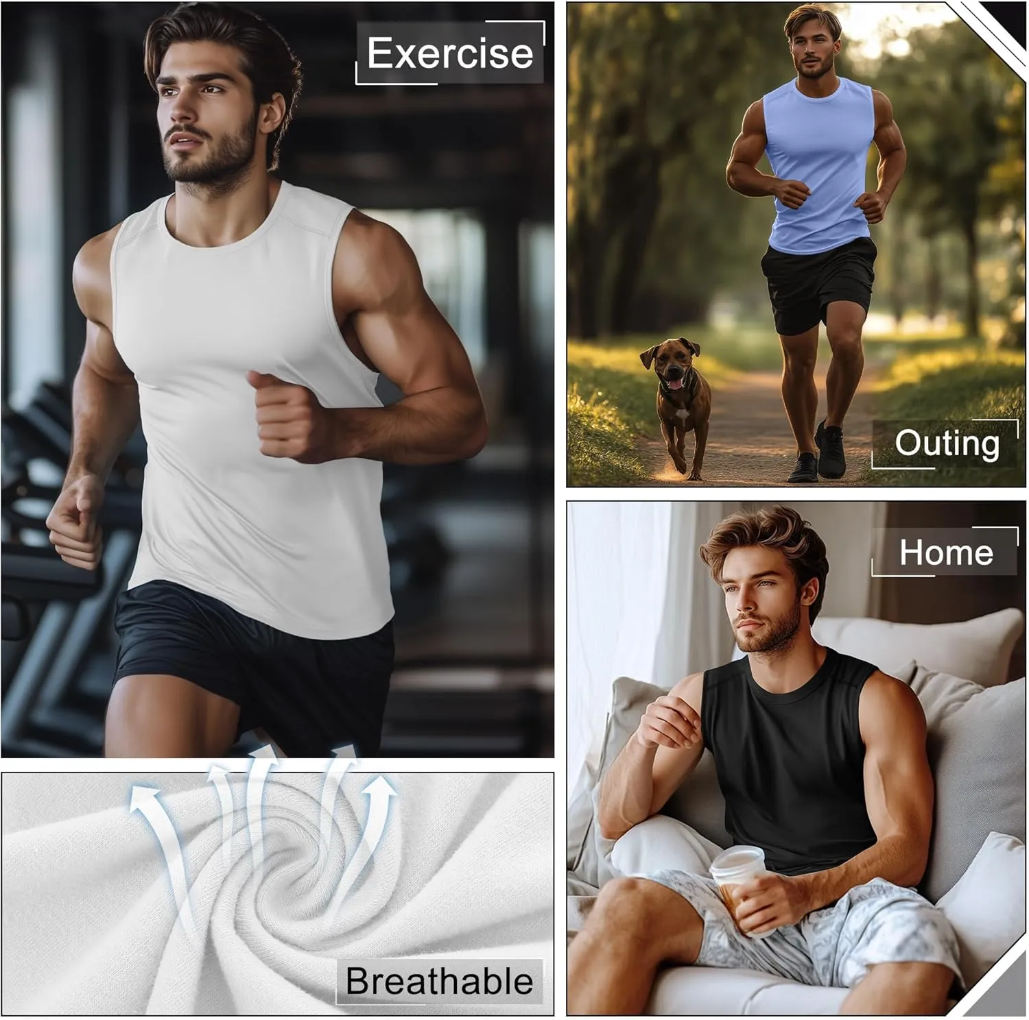 Ficerd 3 Pack Men's Sleeveless Tank Tops, Crewneck Casual Summer Tee Beach T Shirt Cotton Workout Run Gym Muscle Shirt