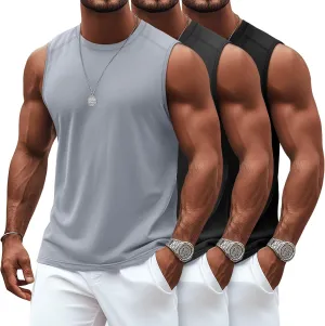 Ficerd 3 Pack Men's Sleeveless Tank Tops, Crewneck Casual Summer Tee Beach T Shirt Cotton Workout Run Gym Muscle Shirt