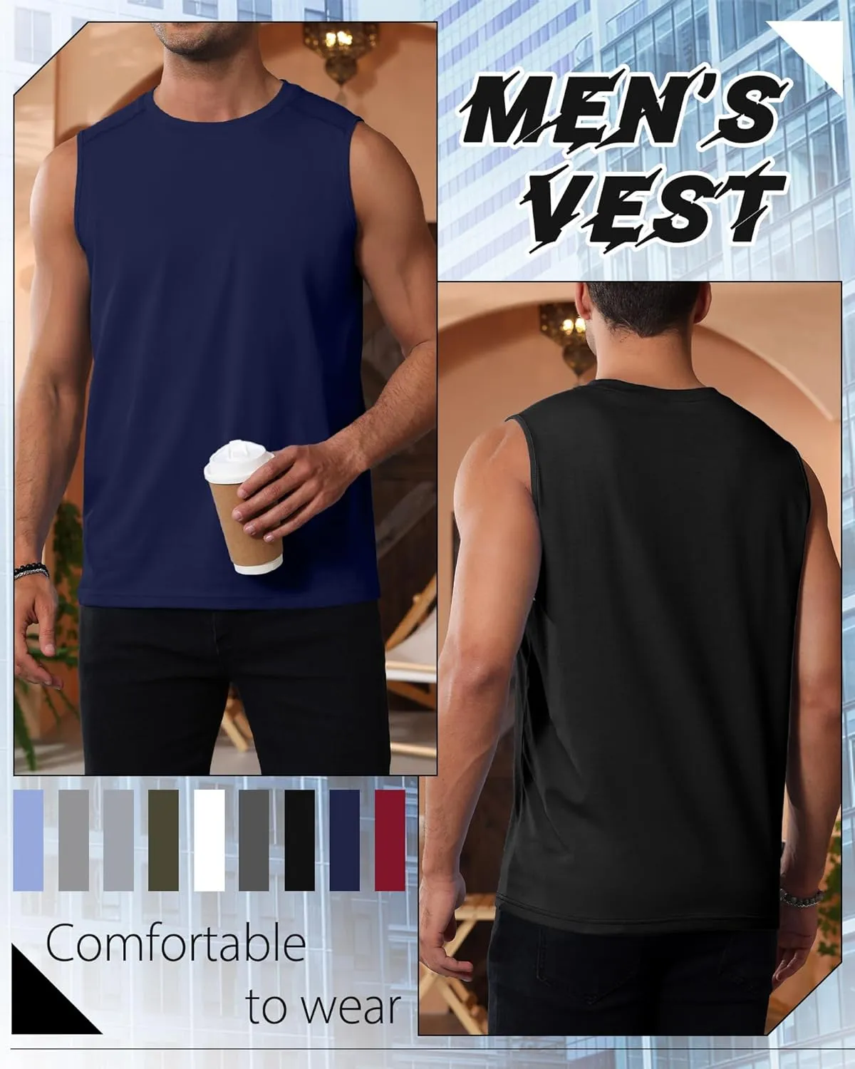 Ficerd 3 Pack Men's Sleeveless Tank Tops, Crewneck Casual Summer Tee Beach T Shirt Cotton Workout Run Gym Muscle Shirt