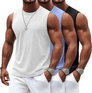 Ficerd 3 Pack Men's Sleeveless Tank Tops, Crewneck Casual Summer Tee Beach T Shirt Cotton Workout Run Gym Muscle Shirt