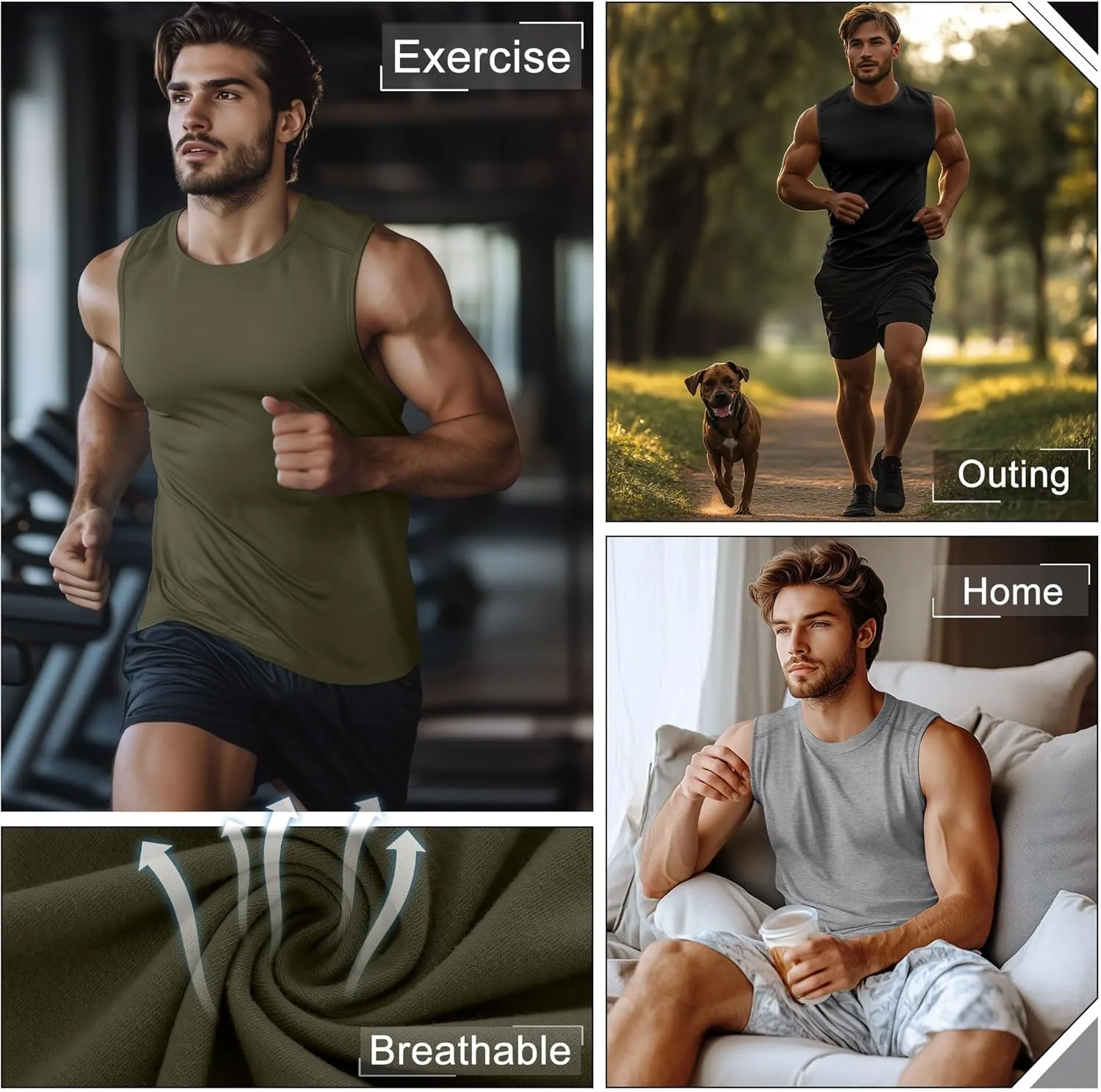 Ficerd 3 Pack Men's Sleeveless Tank Tops, Crewneck Casual Summer Tee Beach T Shirt Cotton Workout Run Gym Muscle Shirt