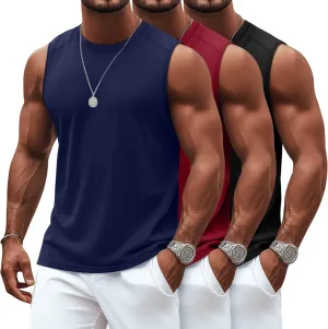 Ficerd 3 Pack Men's Sleeveless Tank Tops, Crewneck Casual Summer Tee Beach T Shirt Cotton Workout Run Gym Muscle Shirt