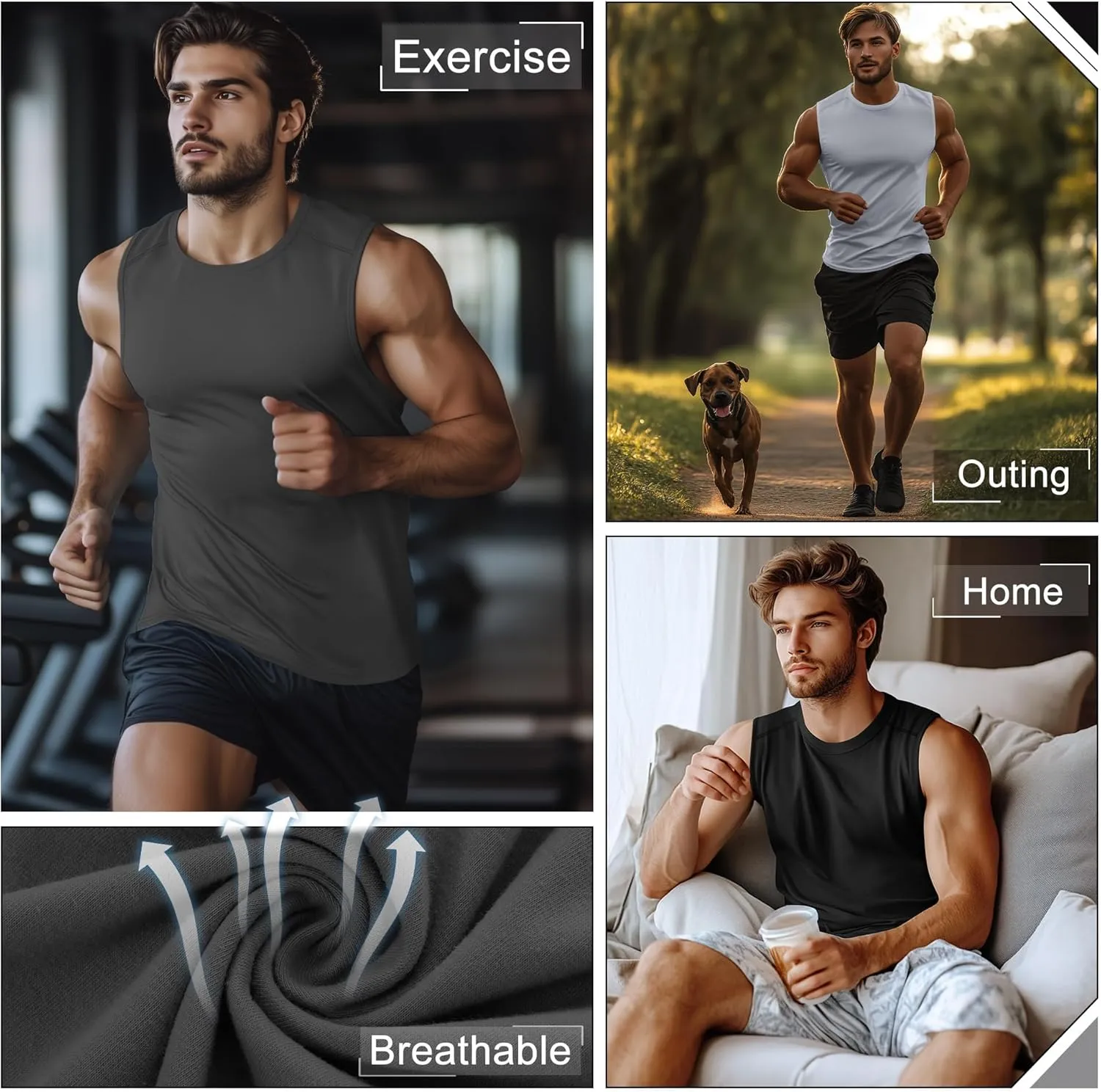 Ficerd 3 Pack Men's Sleeveless Tank Tops, Crewneck Casual Summer Tee Beach T Shirt Cotton Workout Run Gym Muscle Shirt