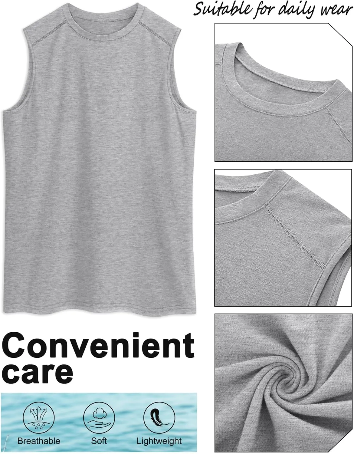 Ficerd 3 Pack Men's Sleeveless Tank Tops, Crewneck Casual Summer Tee Beach T Shirt Cotton Workout Run Gym Muscle Shirt