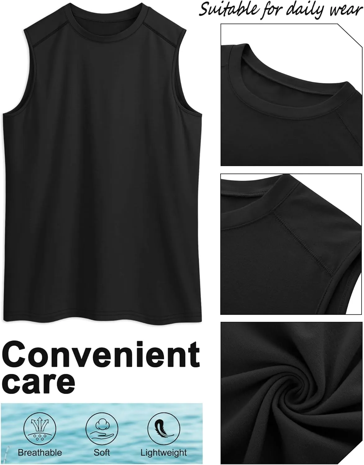 Ficerd 3 Pack Men's Sleeveless Tank Tops, Crewneck Casual Summer Tee Beach T Shirt Cotton Workout Run Gym Muscle Shirt