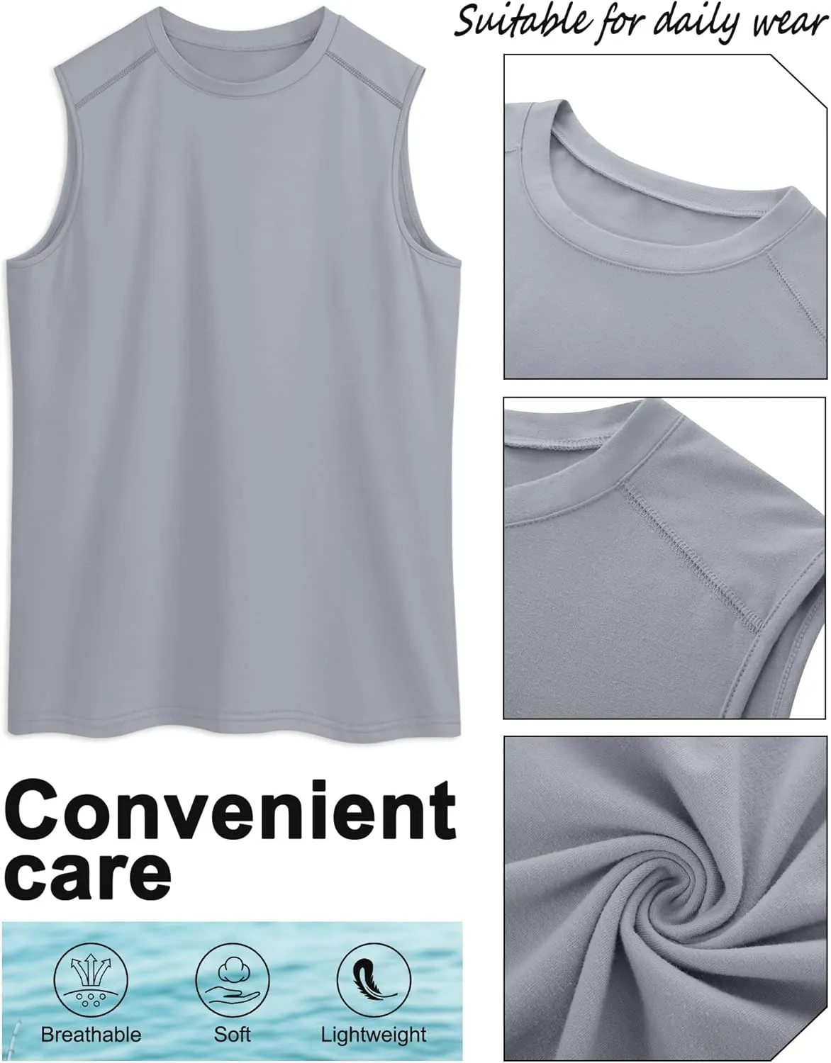 Ficerd 3 Pack Men's Sleeveless Tank Tops, Crewneck Casual Summer Tee Beach T Shirt Cotton Workout Run Gym Muscle Shirt