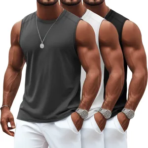 Ficerd 3 Pack Men's Sleeveless Tank Tops, Crewneck Casual Summer Tee Beach T Shirt Cotton Workout Run Gym Muscle Shirt