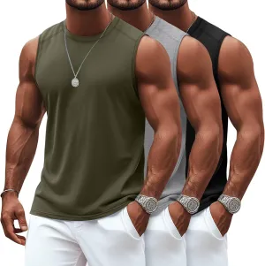 Ficerd 3 Pack Men's Sleeveless Tank Tops, Crewneck Casual Summer Tee Beach T Shirt Cotton Workout Run Gym Muscle Shirt