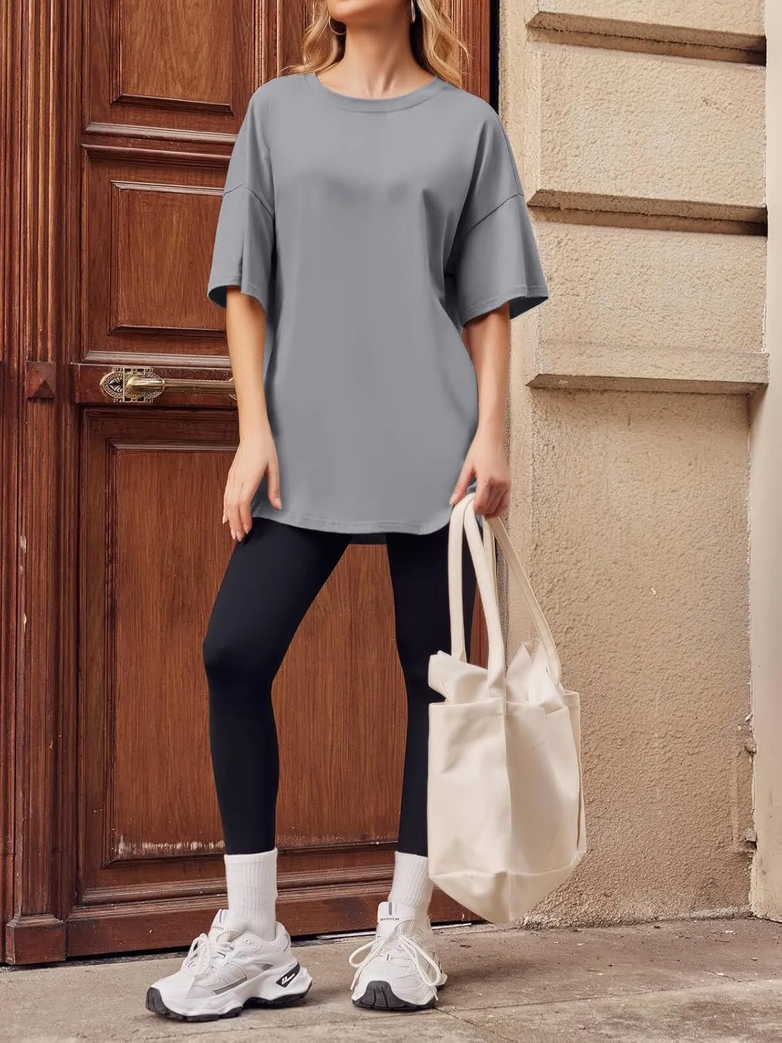 Fisoew Women's Oversized T Shirts Tees Half Sleeve Crew Neck Cotton Tunic Tops