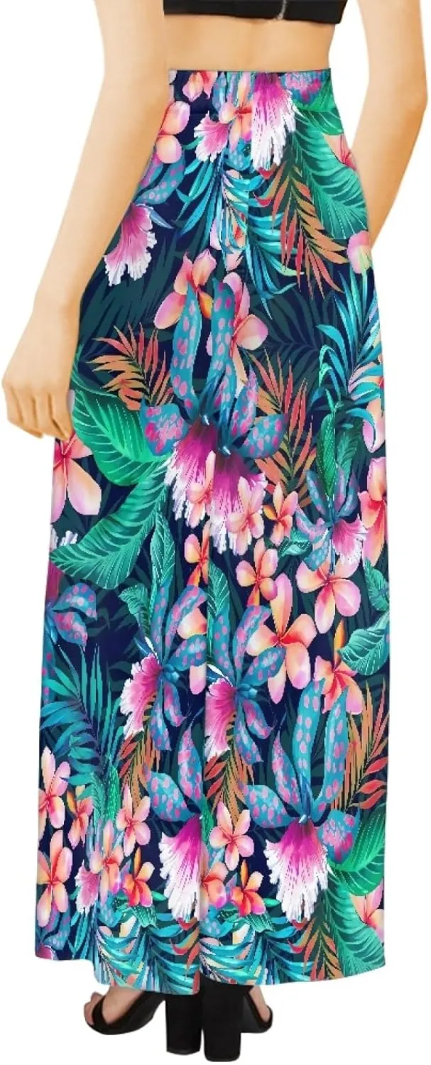 Irisjudy Women's Casual Lounge Pants Plus Size 3XL, Tropical Floral Comfy Stretchy Wide Leg Palazzo Pants Loose Home Legging
