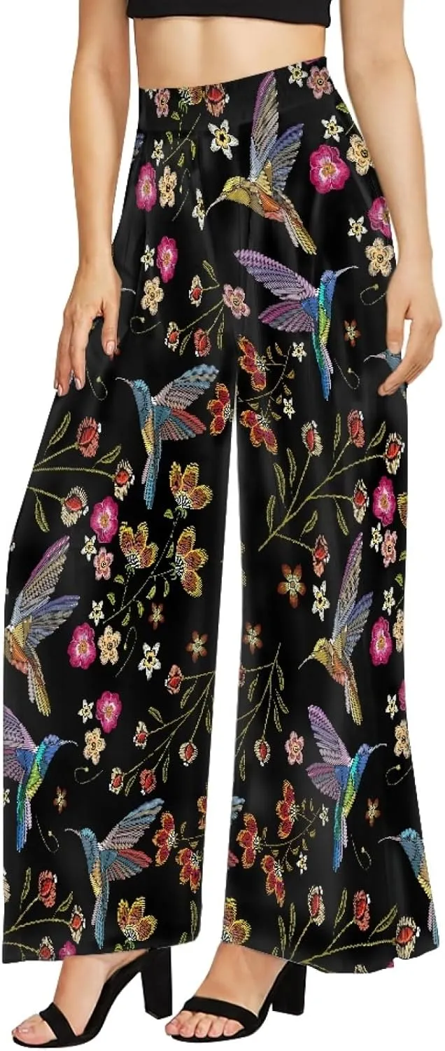 Irisjudy Women's Casual Lounge Pants Plus Size 3XL, Tropical Floral Comfy Stretchy Wide Leg Palazzo Pants Loose Home Legging