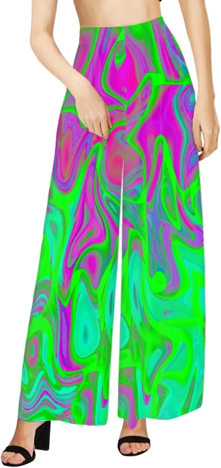 Irisjudy Women's Casual Lounge Pants Plus Size 3XL, Tropical Floral Comfy Stretchy Wide Leg Palazzo Pants Loose Home Legging