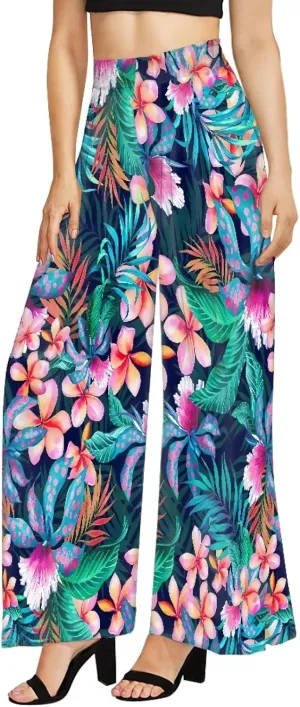 Irisjudy Women's Casual Lounge Pants Plus Size 3XL, Tropical Floral Comfy Stretchy Wide Leg Palazzo Pants Loose Home Legging