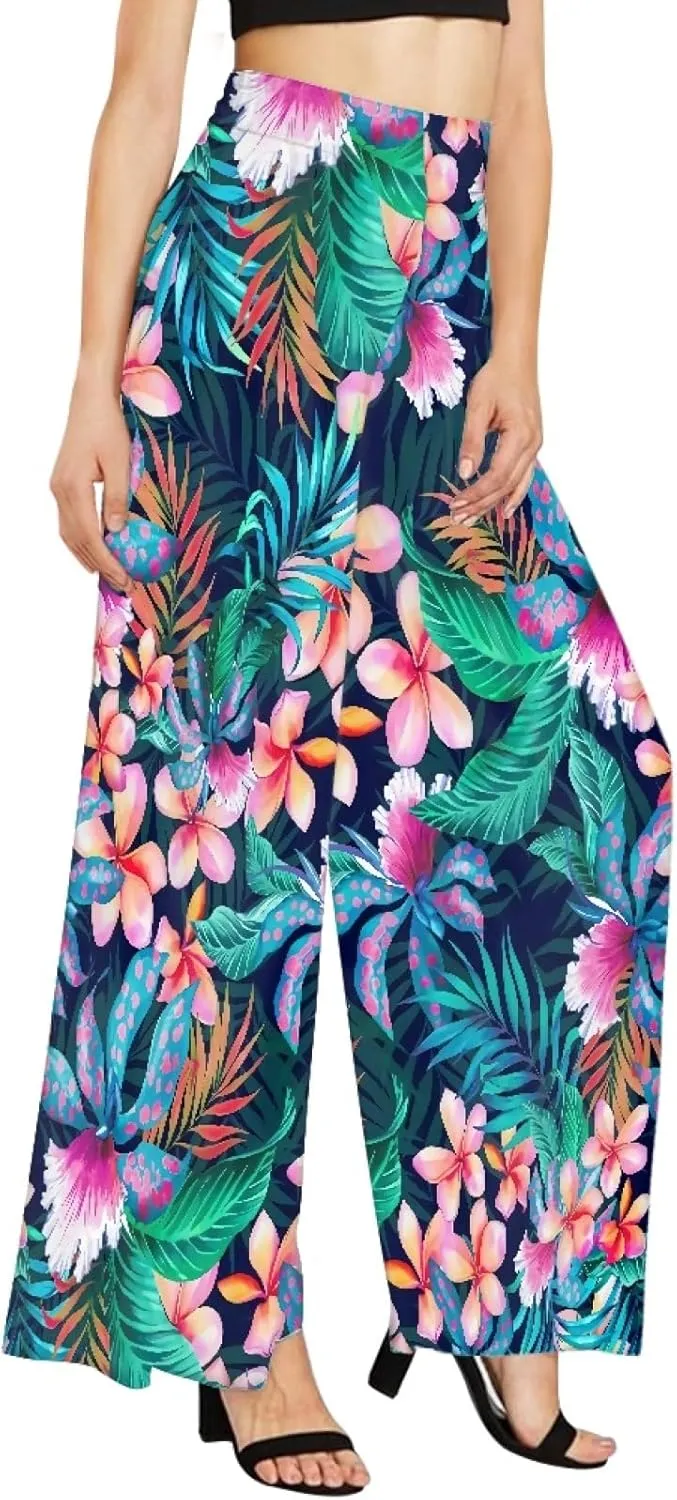 Irisjudy Women's Casual Lounge Pants Plus Size 3XL, Tropical Floral Comfy Stretchy Wide Leg Palazzo Pants Loose Home Legging