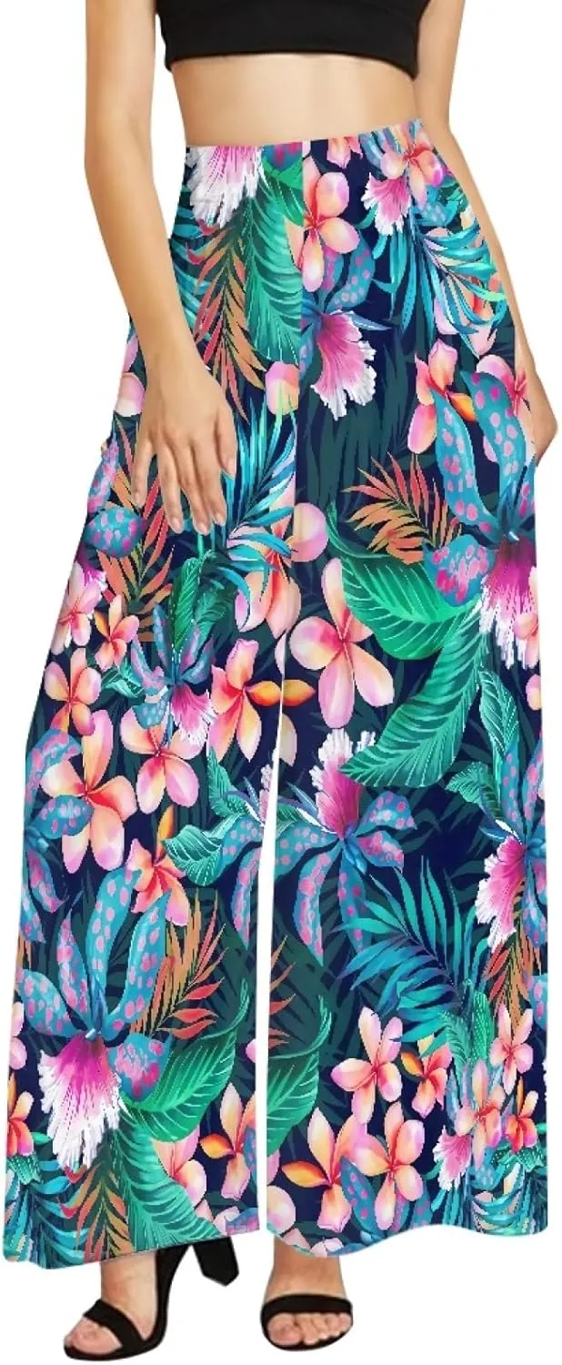 Irisjudy Women's Casual Lounge Pants Plus Size 3XL, Tropical Floral Comfy Stretchy Wide Leg Palazzo Pants Loose Home Legging
