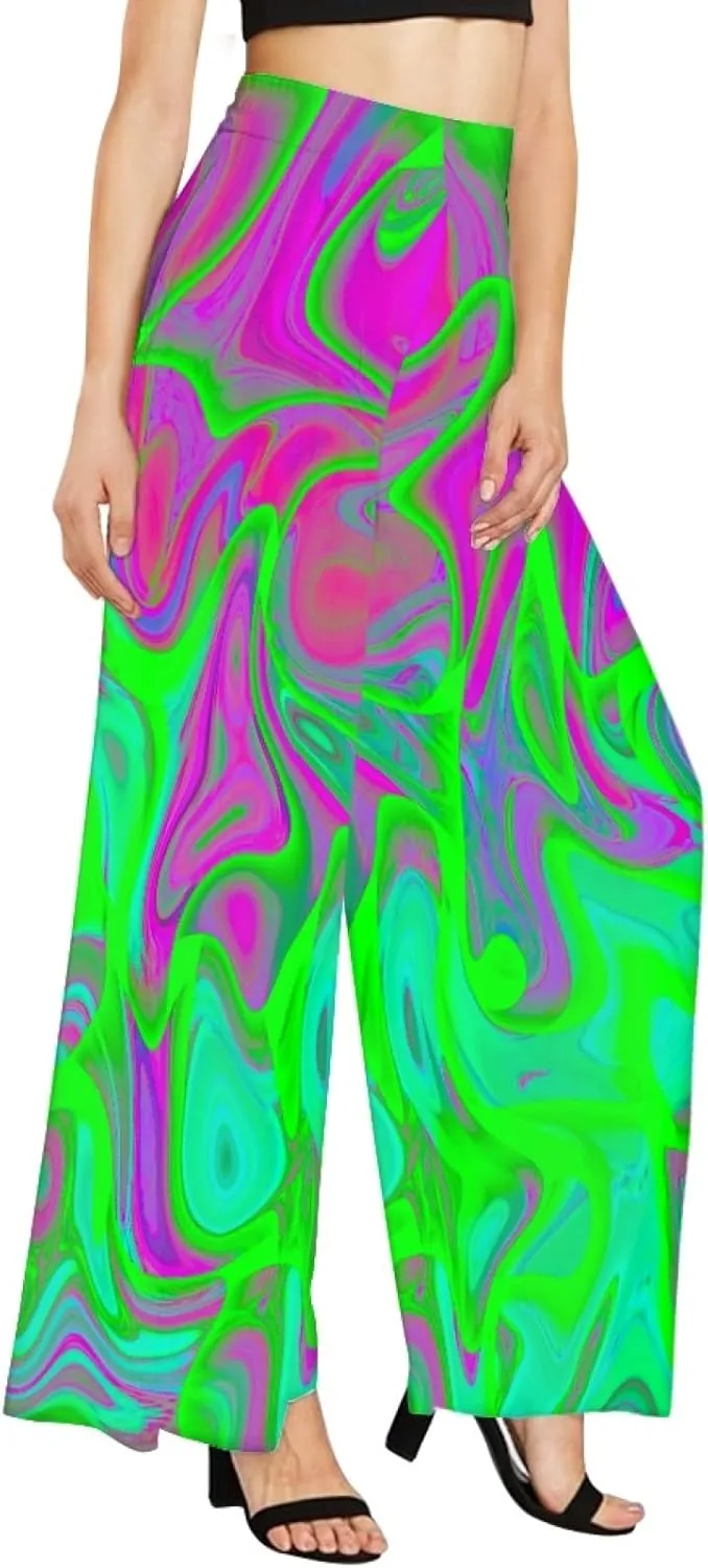 Irisjudy Women's Casual Lounge Pants Plus Size 3XL, Tropical Floral Comfy Stretchy Wide Leg Palazzo Pants Loose Home Legging