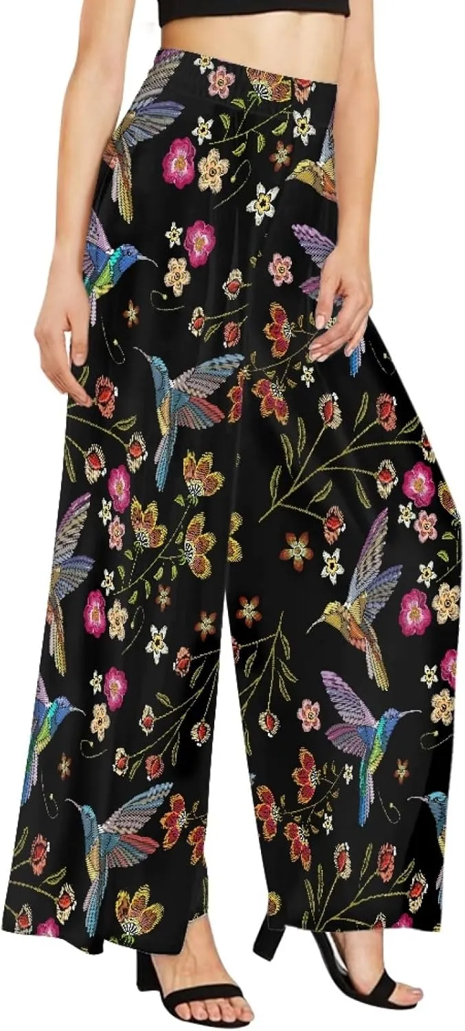 Irisjudy Women's Casual Lounge Pants Plus Size 3XL, Tropical Floral Comfy Stretchy Wide Leg Palazzo Pants Loose Home Legging