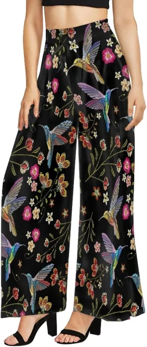 Irisjudy Women's Casual Lounge Pants Plus Size 3XL, Tropical Floral Comfy Stretchy Wide Leg Palazzo Pants Loose Home Legging
