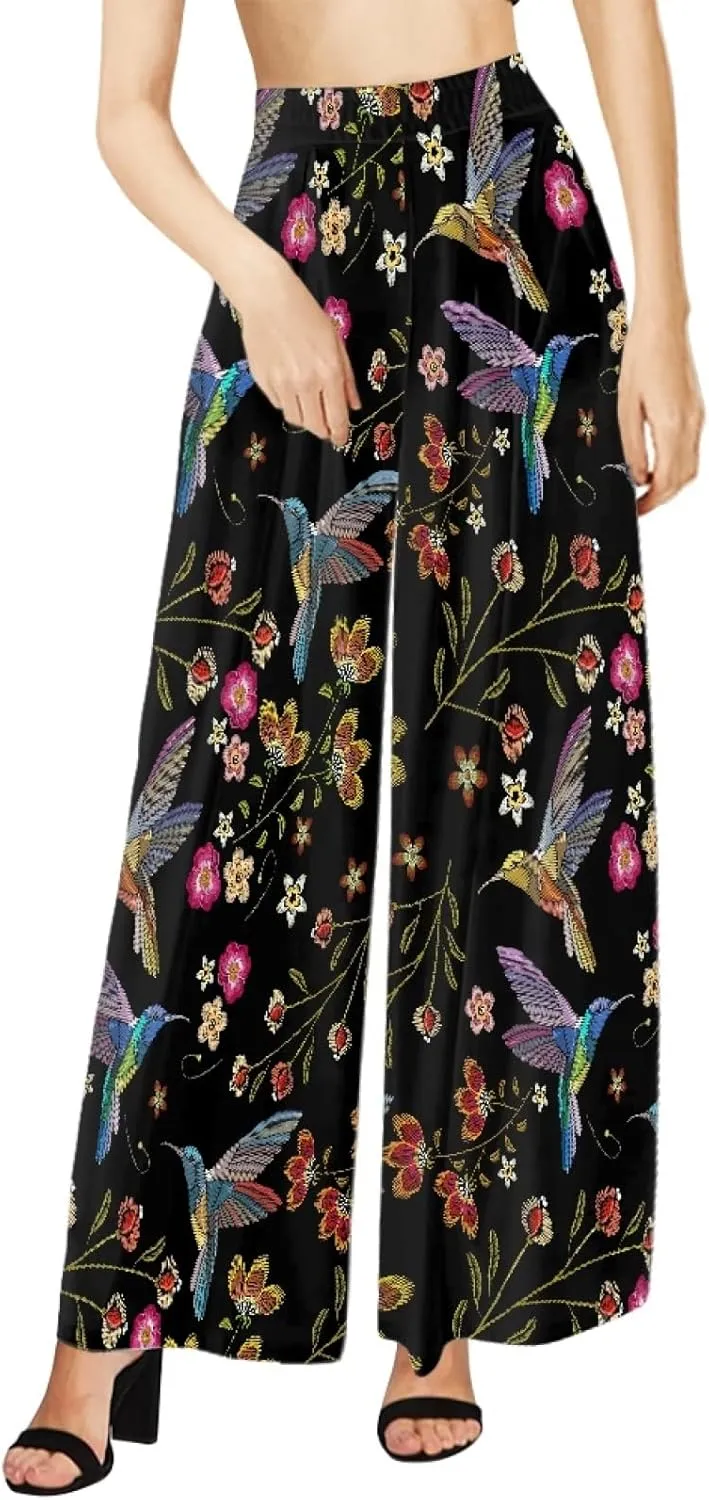 Irisjudy Women's Casual Lounge Pants Plus Size 3XL, Tropical Floral Comfy Stretchy Wide Leg Palazzo Pants Loose Home Legging