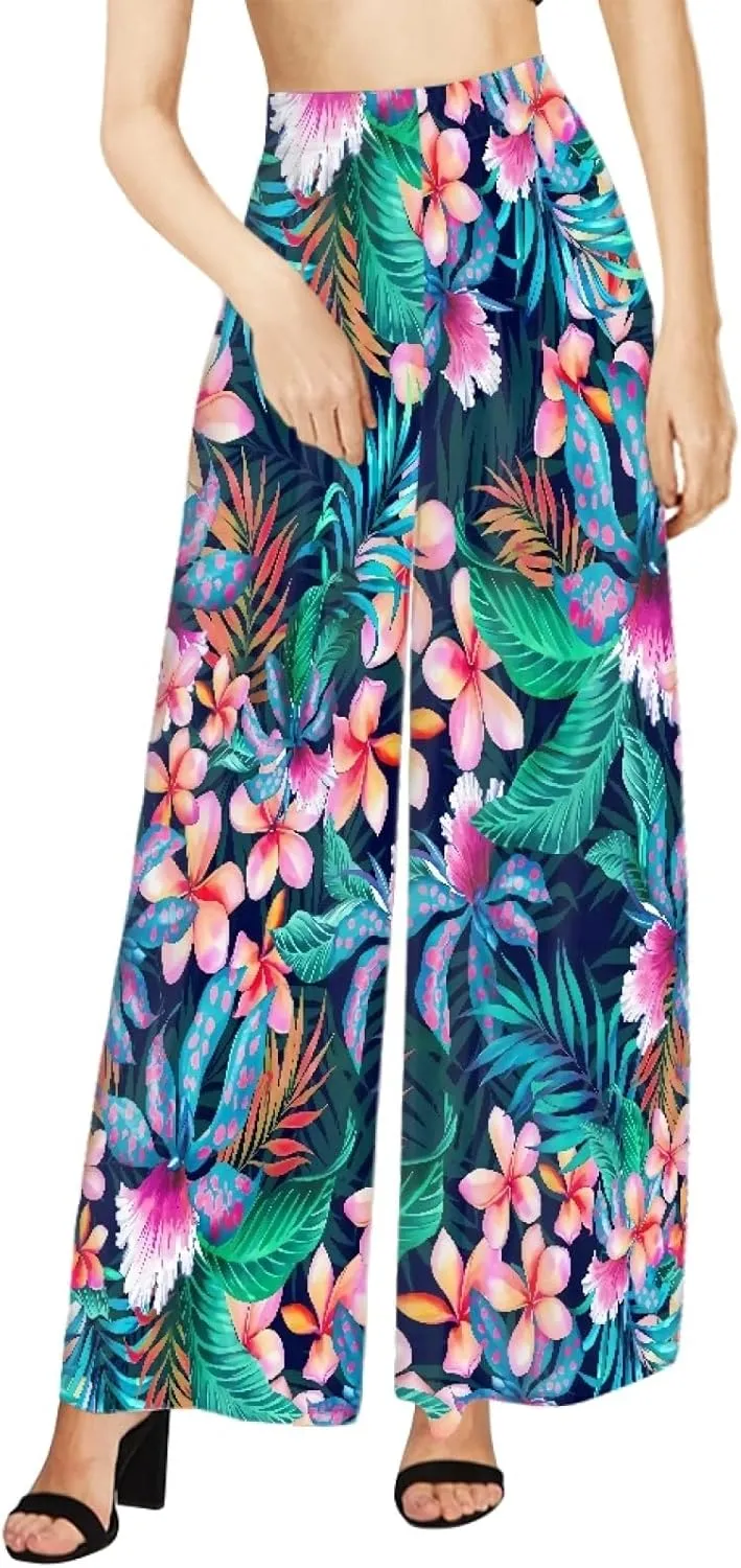 Irisjudy Women's Casual Lounge Pants Plus Size 3XL, Tropical Floral Comfy Stretchy Wide Leg Palazzo Pants Loose Home Legging