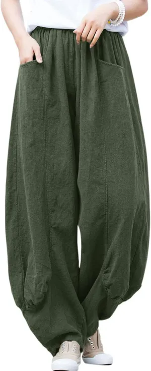 IXIMO Women's Linen Pants Elastic Waist Patchwork Relax Ankle Trousers Front Pockets Army Green S