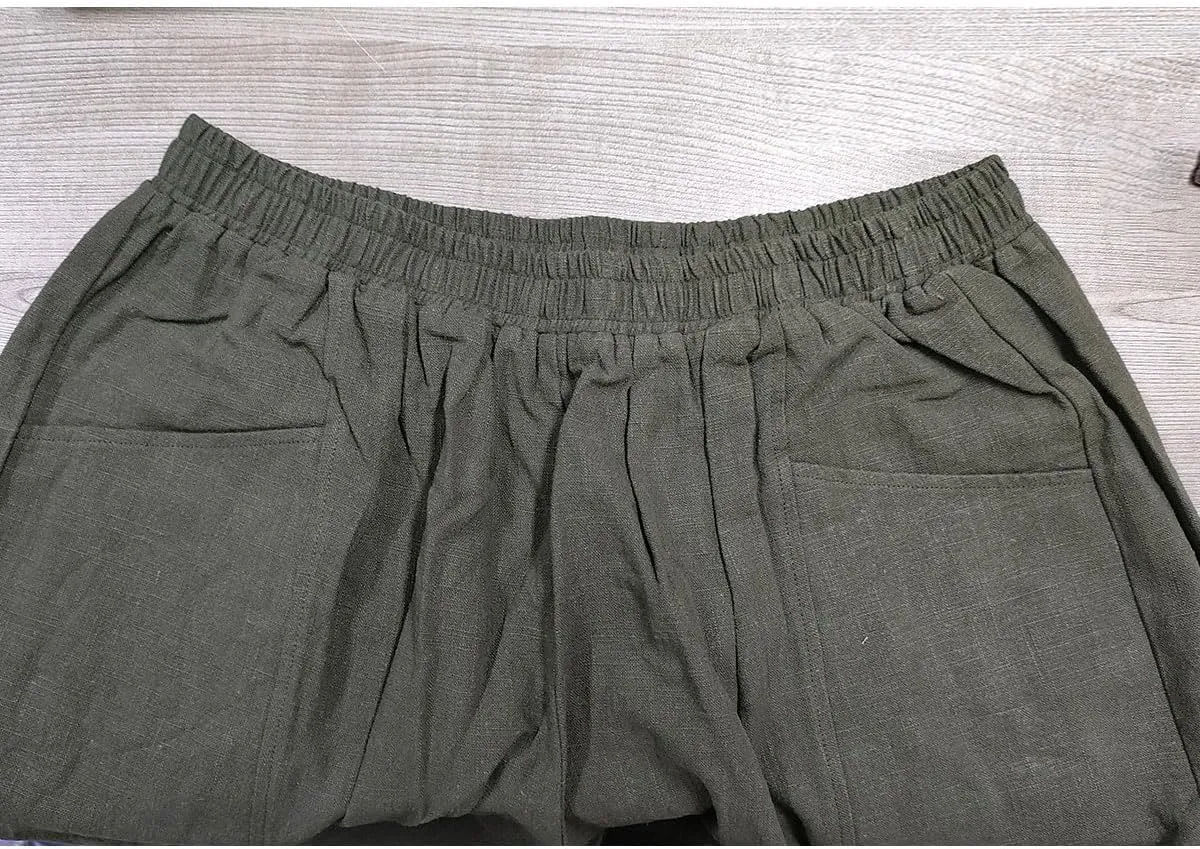 IXIMO Women's Linen Pants Elastic Waist Patchwork Relax Ankle Trousers Front Pockets Army Green S