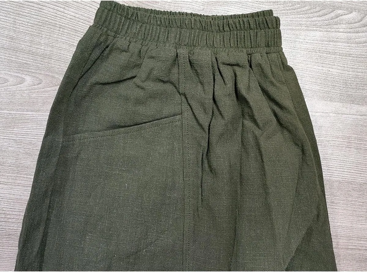 IXIMO Women's Linen Pants Elastic Waist Patchwork Relax Ankle Trousers Front Pockets Army Green S
