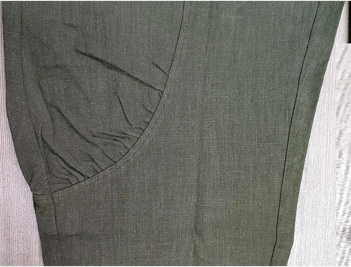 IXIMO Women's Linen Pants Elastic Waist Patchwork Relax Ankle Trousers Front Pockets Army Green S