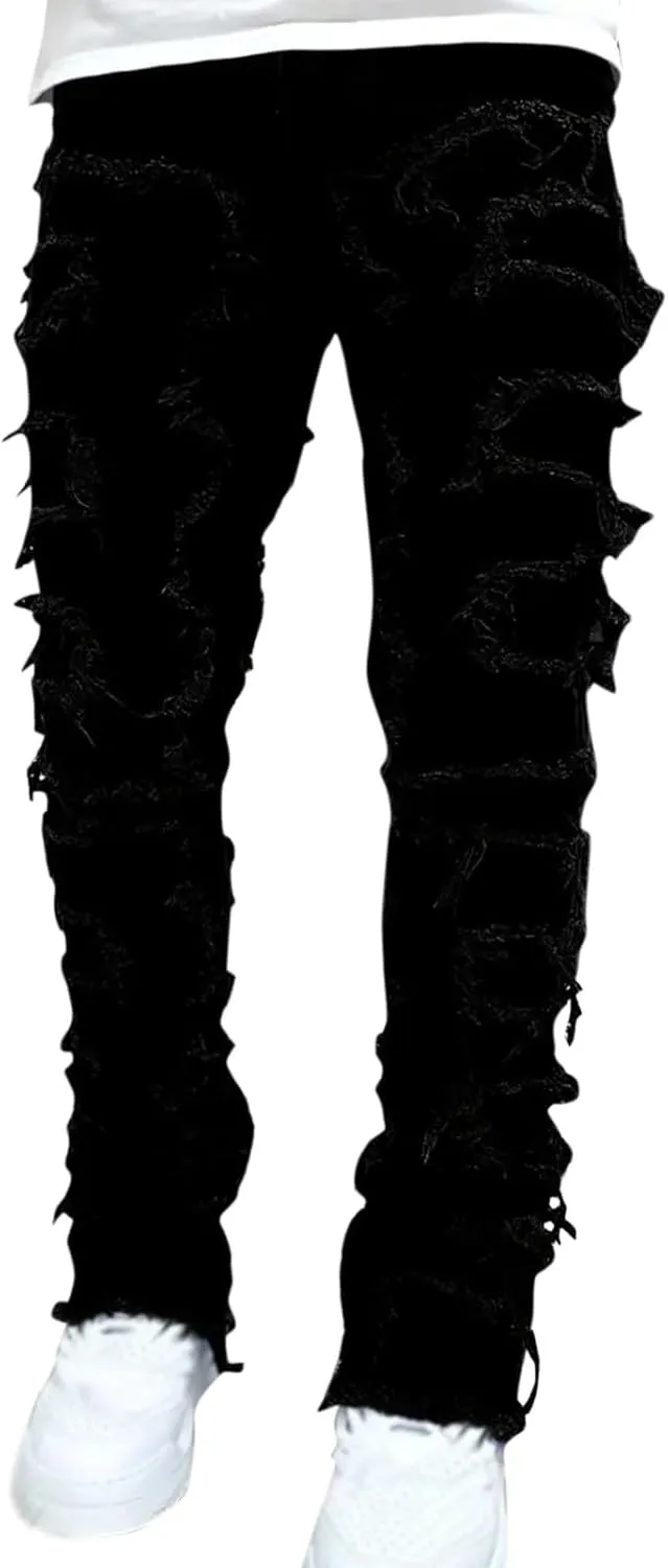 Jeans for Men Regular Fit Men's Slim Fit Stretch Jeans Distressed Patchwork Stacked Frayed Straight Leg Skinny Denim