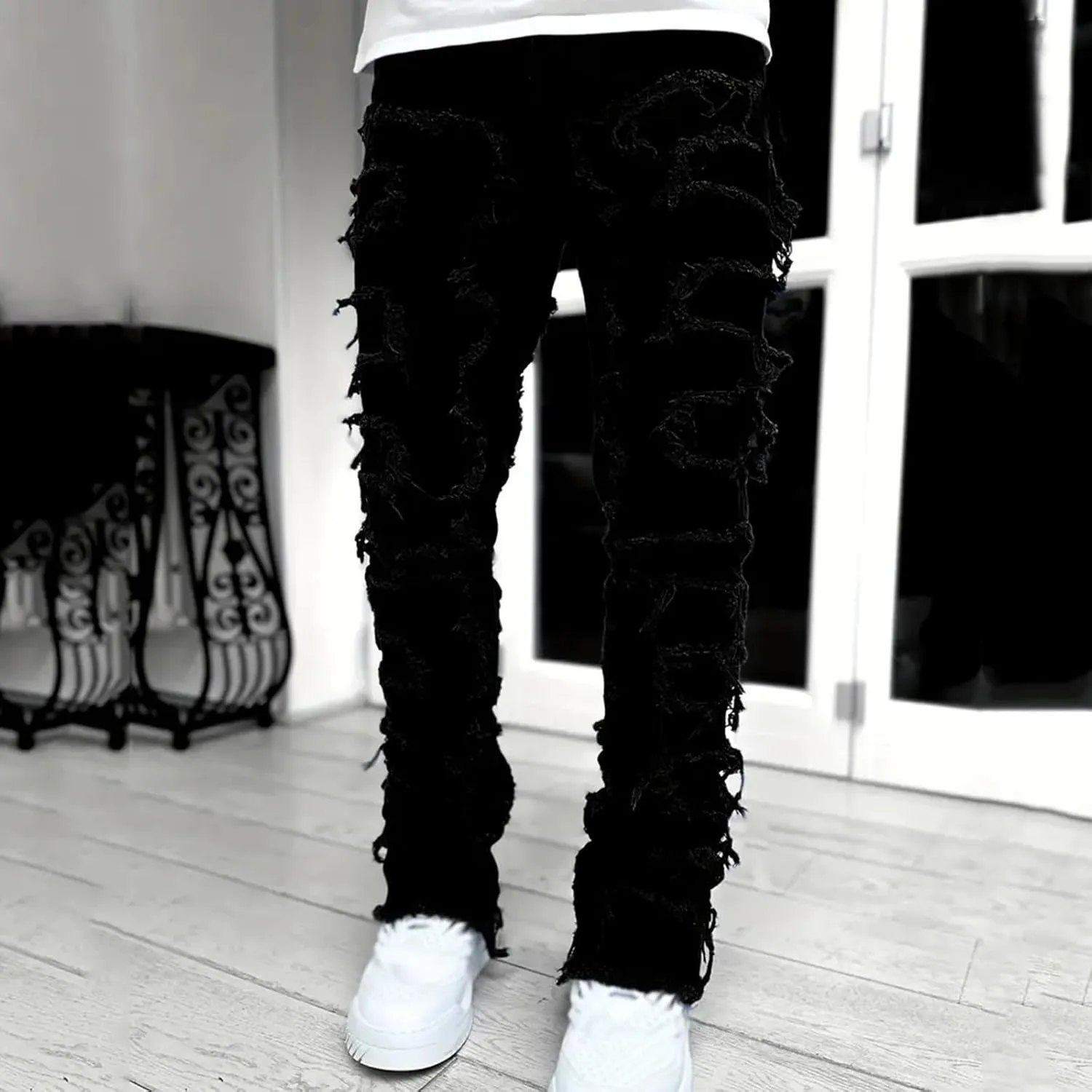 Jeans for Men Regular Fit Men's Slim Fit Stretch Jeans Distressed Patchwork Stacked Frayed Straight Leg Skinny Denim