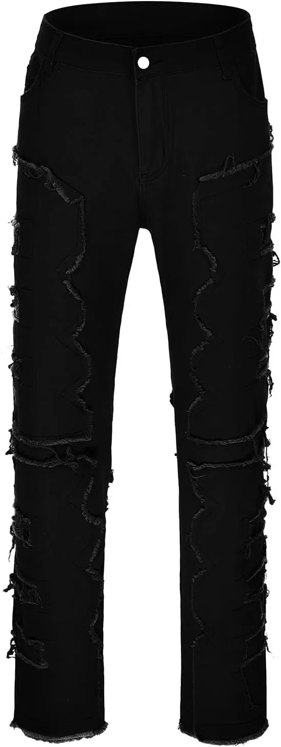 Jeans for Men Regular Fit Men's Slim Fit Stretch Jeans Distressed Patchwork Stacked Frayed Straight Leg Skinny Denim