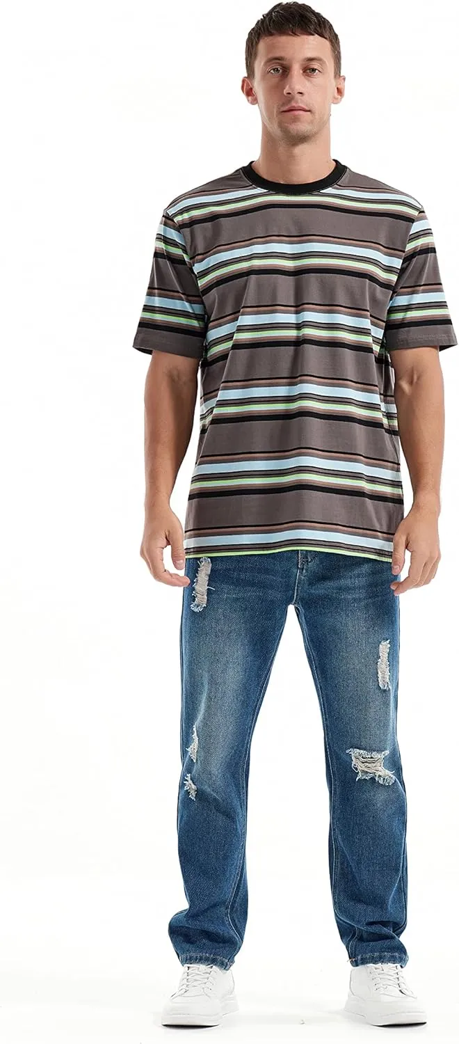 KLIEGOU Men's Fashion Loose Fit Crewneck Stripe T-Shirt