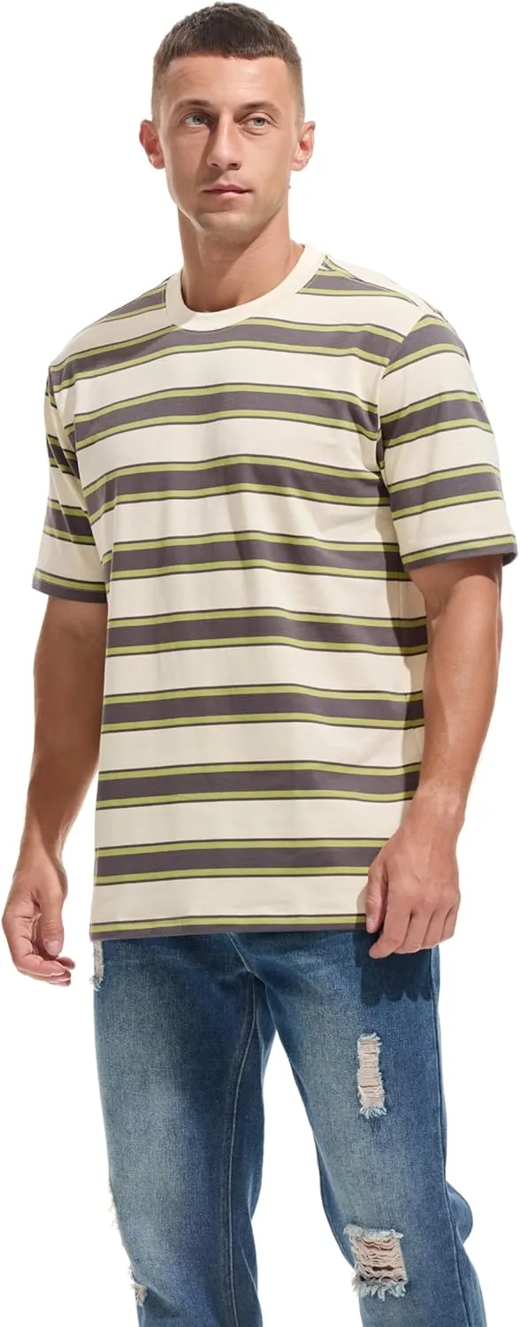 KLIEGOU Men's Fashion Loose Fit Crewneck Stripe T-Shirt