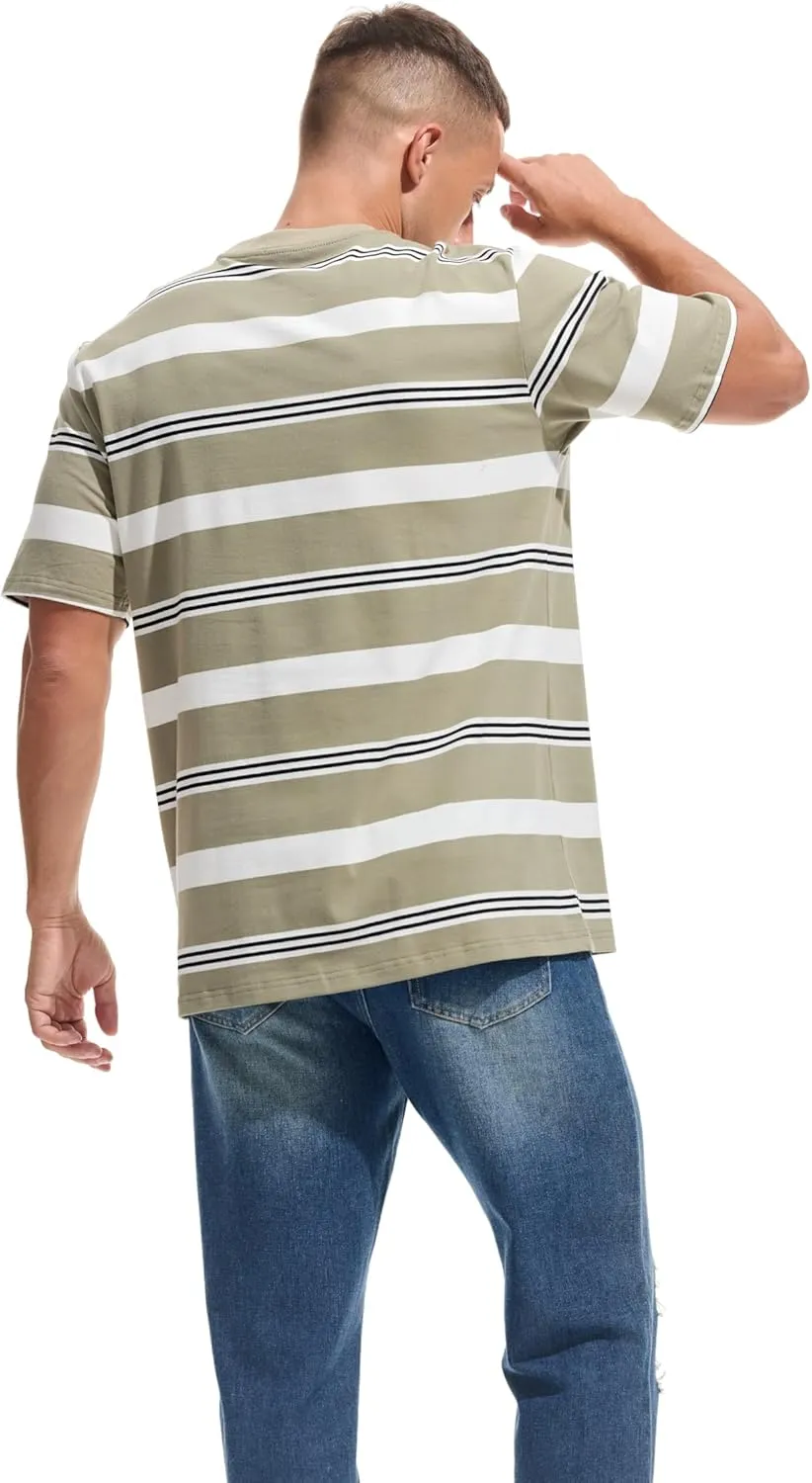 KLIEGOU Men's Fashion Loose Fit Crewneck Stripe T-Shirt