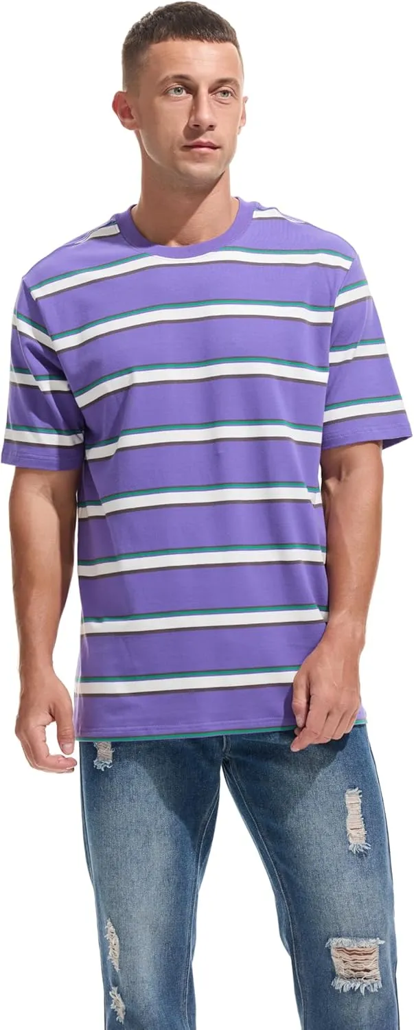 KLIEGOU Men's Fashion Loose Fit Crewneck Stripe T-Shirt