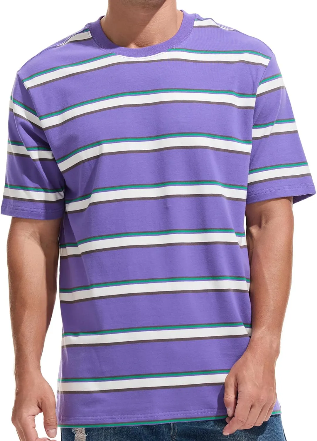 KLIEGOU Men's Fashion Loose Fit Crewneck Stripe T-Shirt