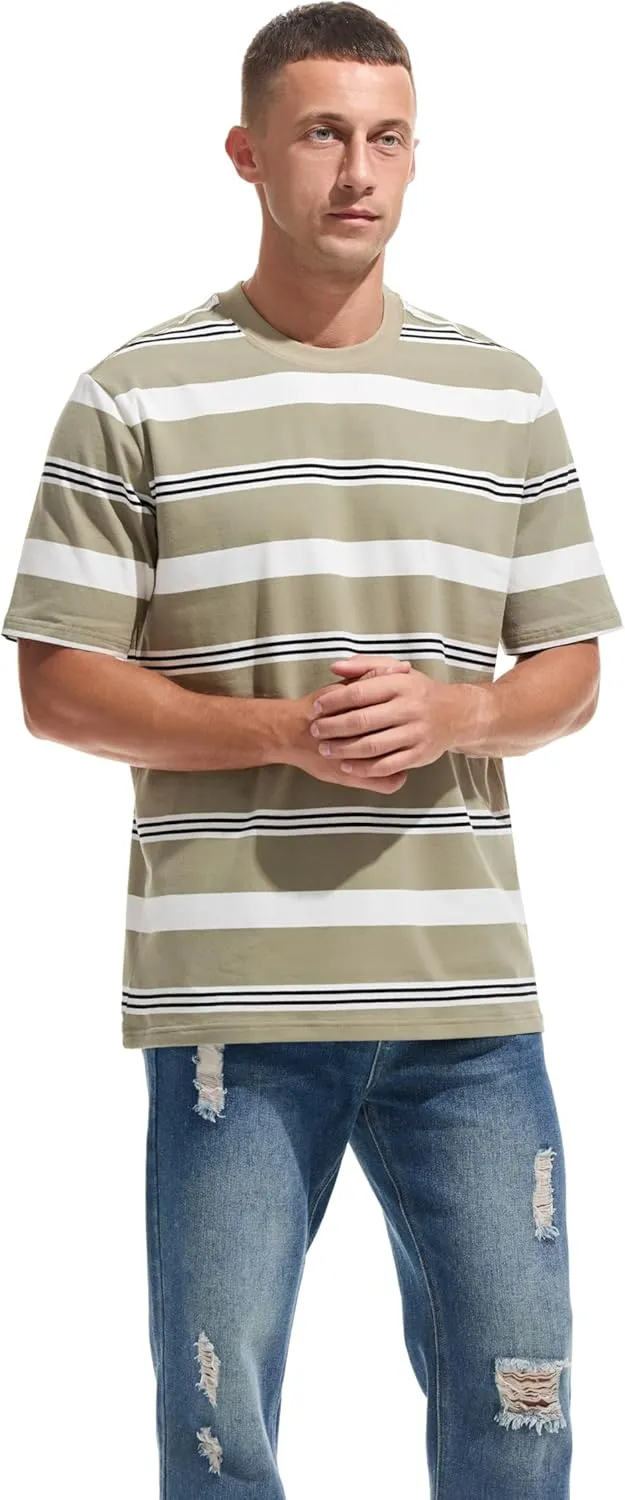 KLIEGOU Men's Fashion Loose Fit Crewneck Stripe T-Shirt