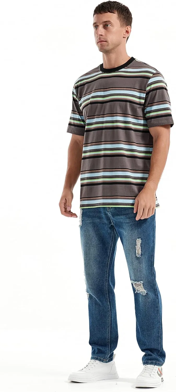 KLIEGOU Men's Fashion Loose Fit Crewneck Stripe T-Shirt