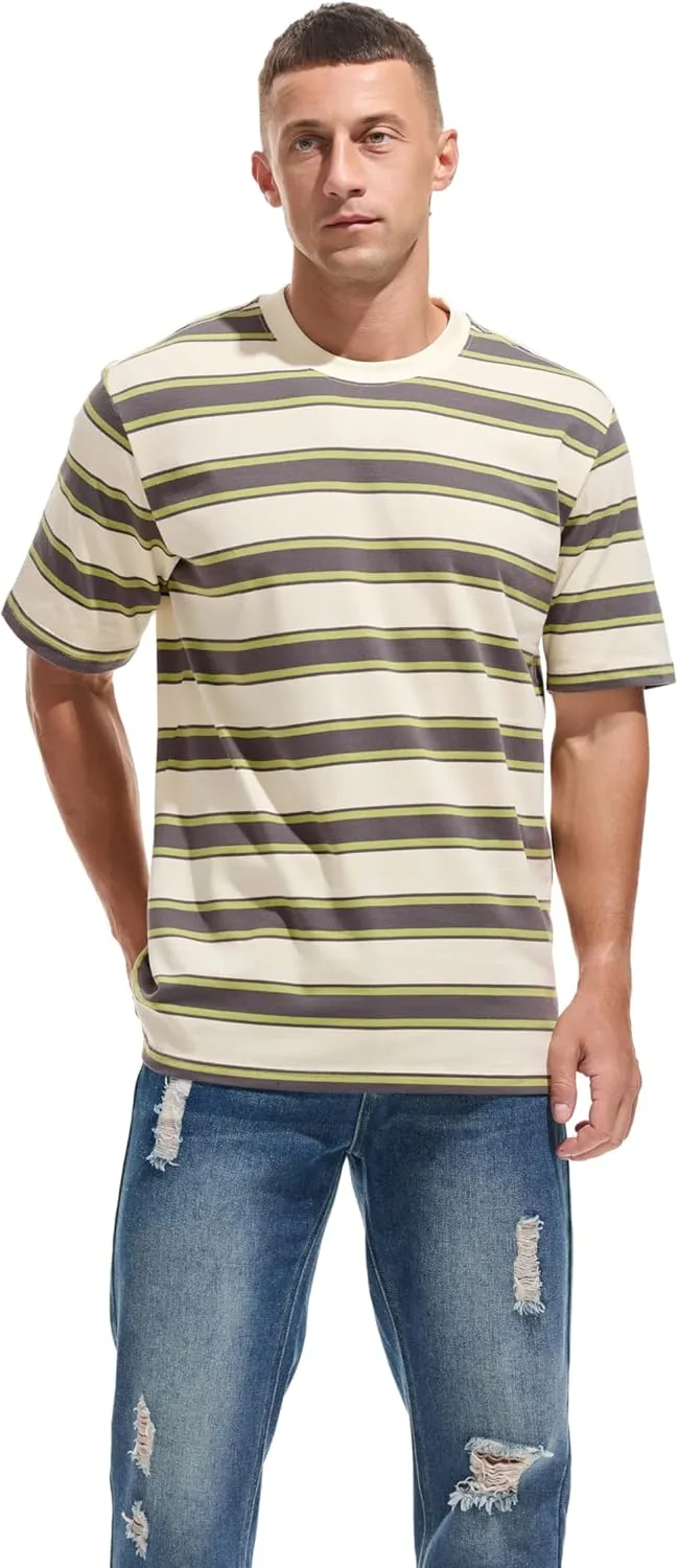KLIEGOU Men's Fashion Loose Fit Crewneck Stripe T-Shirt