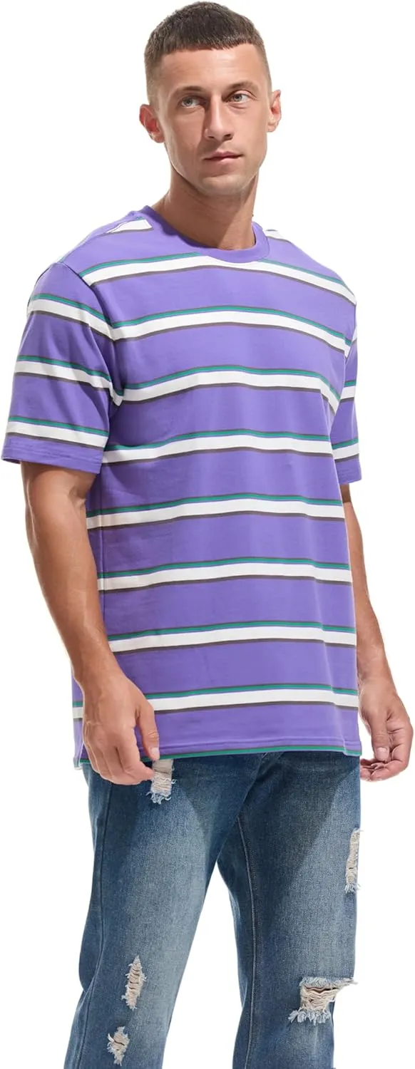 KLIEGOU Men's Fashion Loose Fit Crewneck Stripe T-Shirt