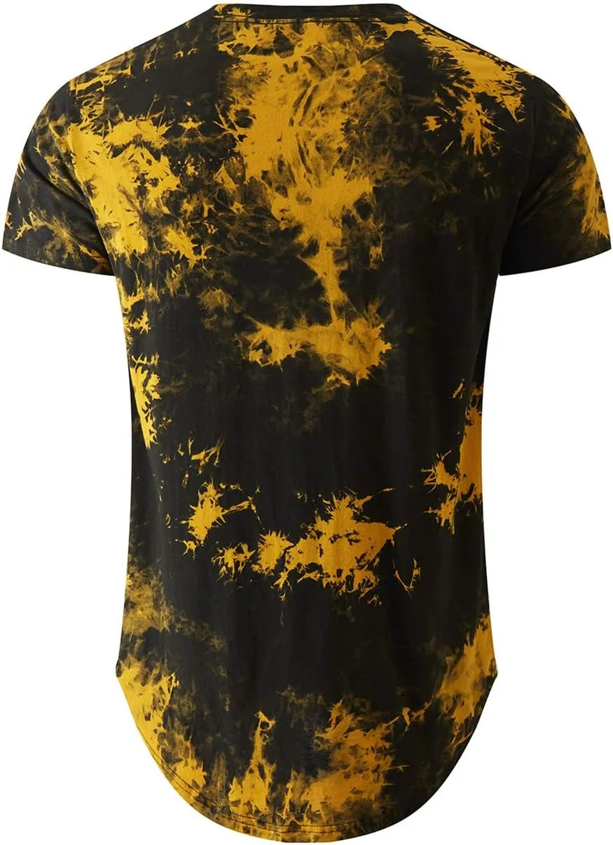 KLIEGOU Mens Hip Hop Tie-Dyed Hipster Curve Hem T Shirt