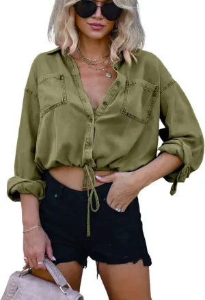 Kwoki Women's Cropped Denim Shirt Roll Up 3/4 Sleeve Casual Loose Crop Tops Drawstring Hem Button Front Jean Jacket