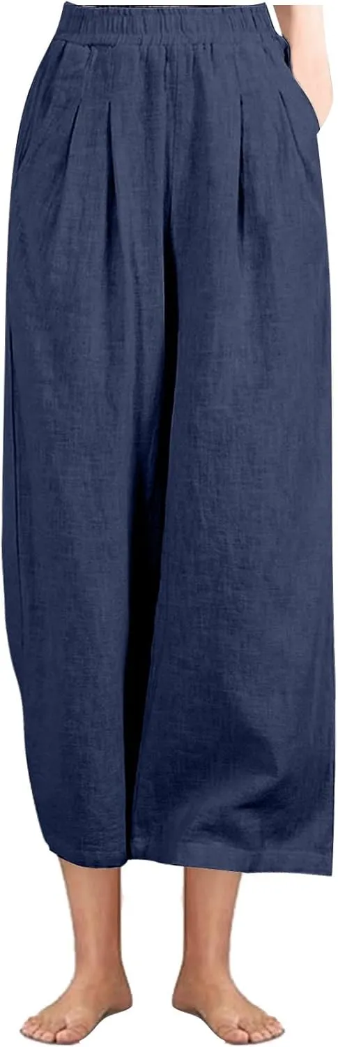 Linen Pants Women Wide Leg High Waist Elastic Pants Casual Summer Beach Comfy Palazzo for Home Workwear Trousers