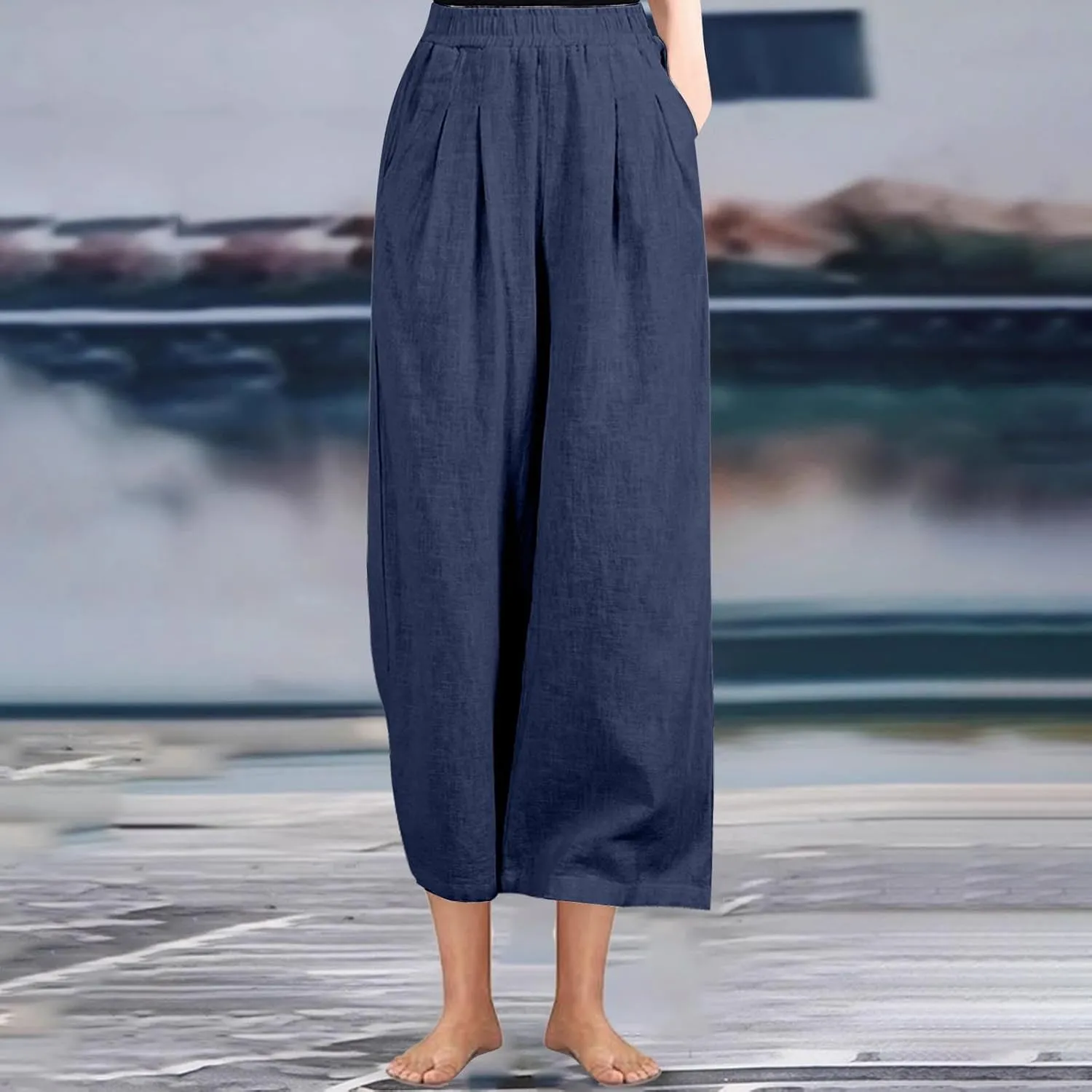 Linen Pants Women Wide Leg High Waist Elastic Pants Casual Summer Beach Comfy Palazzo for Home Workwear Trousers