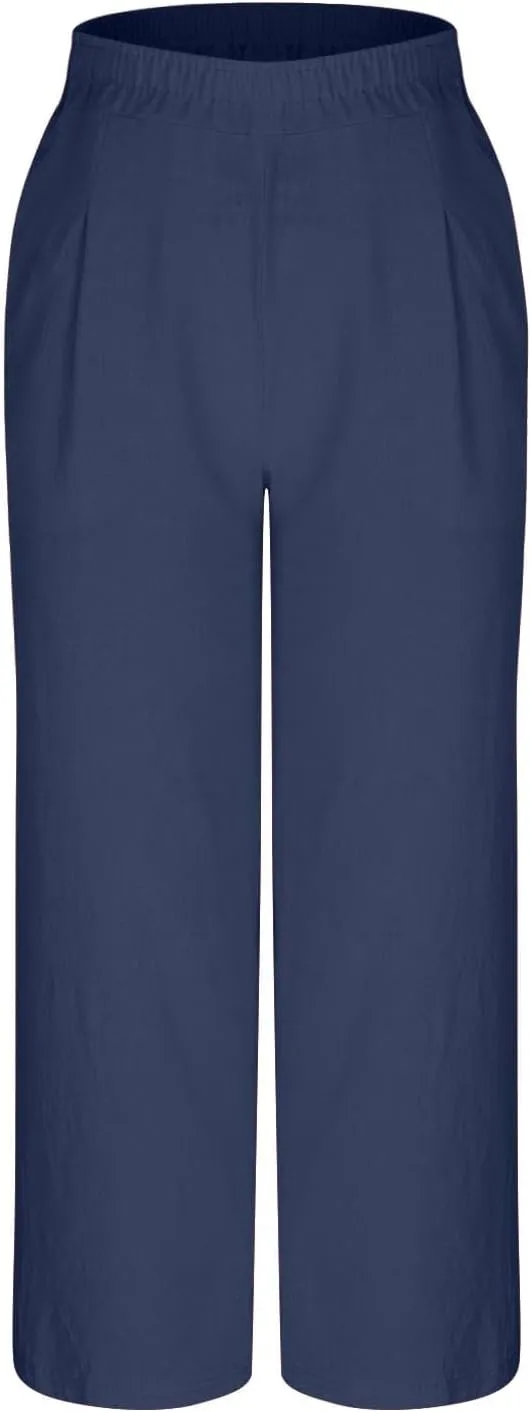 Linen Pants Women Wide Leg High Waist Elastic Pants Casual Summer Beach Comfy Palazzo for Home Workwear Trousers