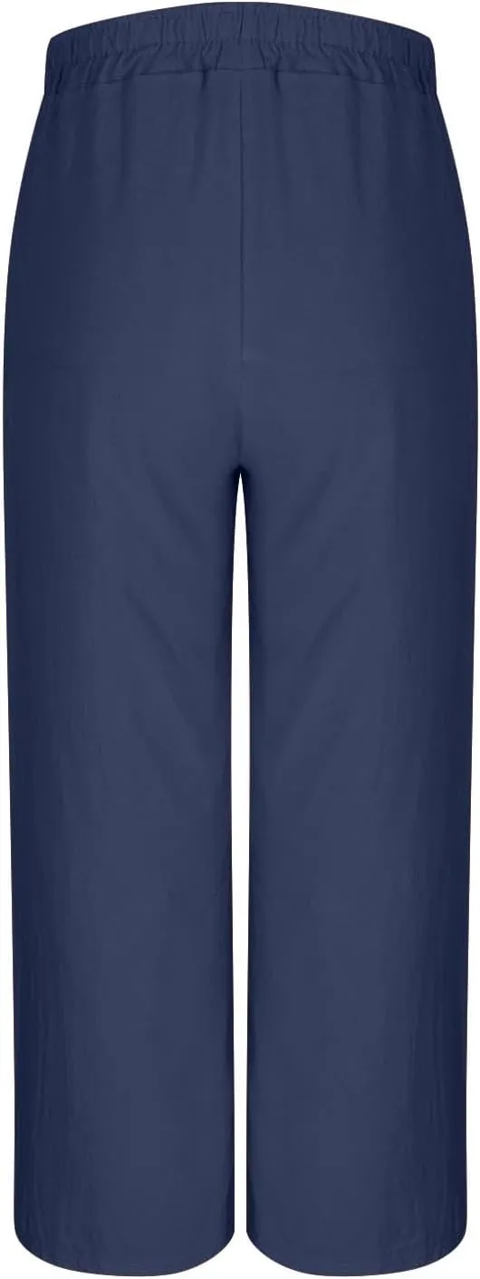 Linen Pants Women Wide Leg High Waist Elastic Pants Casual Summer Beach Comfy Palazzo for Home Workwear Trousers