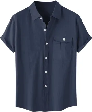 Linen Shirts for Men Mens Short Sleeve Button Down Shirts Collared Summer Beach T-Shirts Vacation Tops