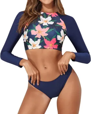 Long Sleeve Swimsuits for Women Two Piece Bikini Set Rash Guard Bathing Suit Long Sleeve Swimwear Crop Top Teen