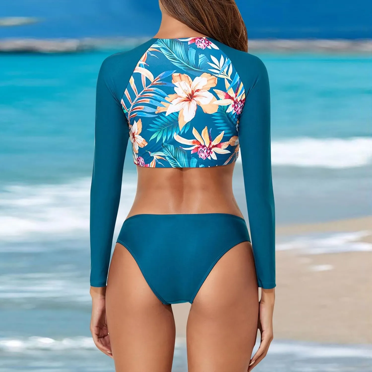 Long Sleeve Swimsuits for Women Two Piece Bikini Set Rash Guard Bathing Suit Long Sleeve Swimwear Crop Top Teen